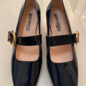 Black Patent Loafers with Gold Buckle